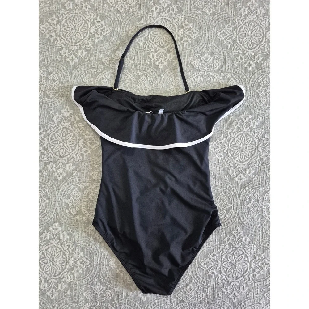 Holipick‎ Black Ruched Ruffle Off-the-Shoulder Halter One-Piece Swimsuit Womens